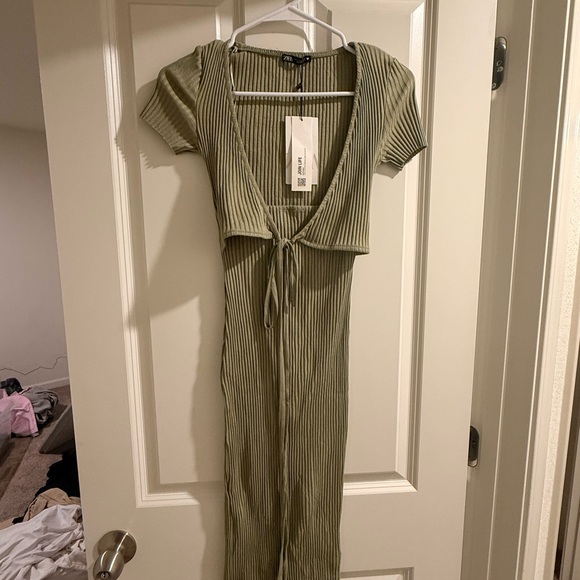 Zara Dresses & Skirts - ZARA Ribbed Midi Dress with Tie Front – Olive Green (Size S)